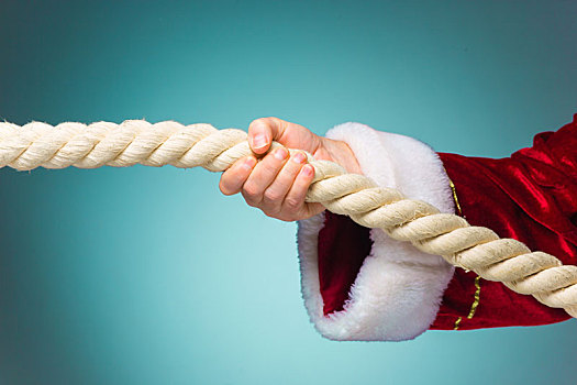 手,圣诞老人,拉拽,绳索,蓝色背景,背景