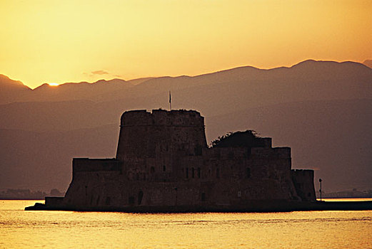 希腊,伯罗奔尼撒半岛,阿格利司,日落,风景,城堡,大幅,尺寸