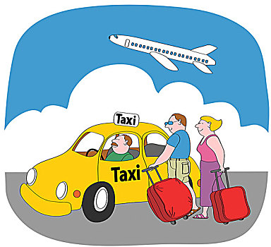 伴侣,手提箱,站立,黄色,出租车,飞机,飞,天空,插画