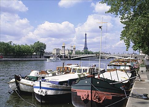 法国,巴黎,港口,驳船,赛纳河,河