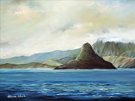 斗笠岛,风景,岛屿,山峦,海洋,油画
