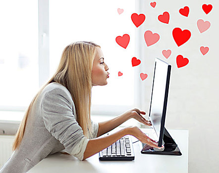 虚拟,关系,网恋,交际,网络,概念,女人,发送,吻,电脑显示器