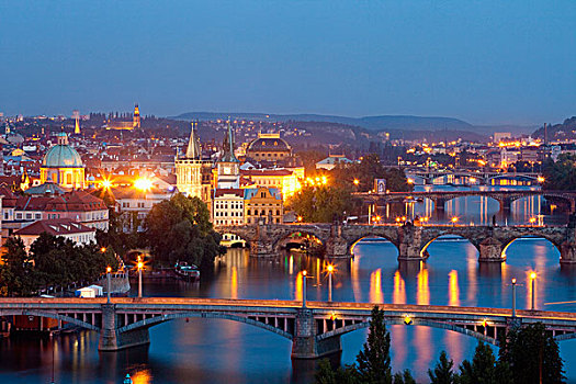 捷克共和国,布拉格,桥,上方,伏尔塔瓦河,河,黃昏