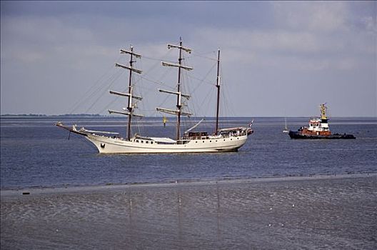 三桅帆船,拖船,不来梅港,德国