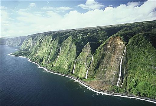 夏威夷,夏威夷大岛,柯哈拉,俯视,海岸线,悬崖,瀑布