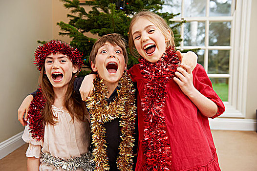 孩子,玩,圣诞节,闪亮装饰物