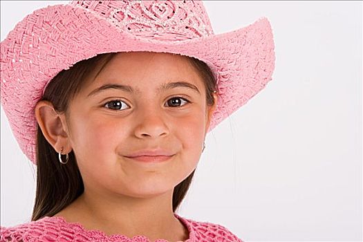 棚拍,肖像,女孩,戴着,粉色,女牛仔,帽子