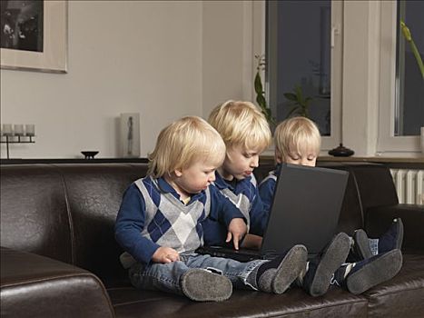 三个,幼儿,工作,笔记本电脑