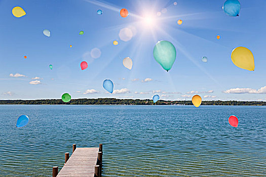 气球,漂浮,上方,安静,湖