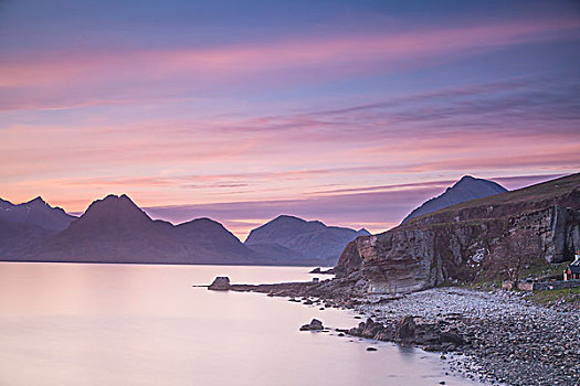 粉色,日落,天空,上方,山,平静,湖,斯凯岛,苏格兰