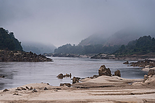 风景,河,流动,山,湄公河,省,老挝