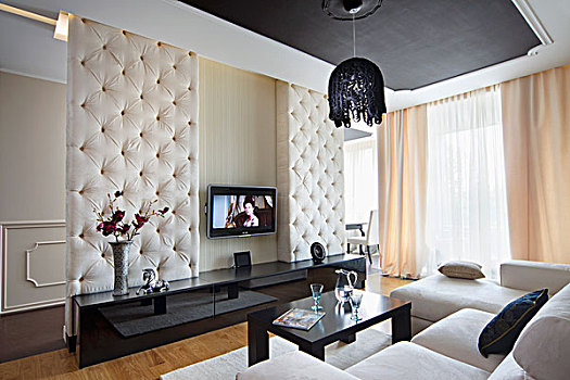 优雅,室内,悬吊,天花板,白色,沙发,组合,黑色,餐具柜,分隔,墙壁
