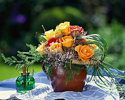 花束,橙色,红玫瑰,赤陶,花瓶