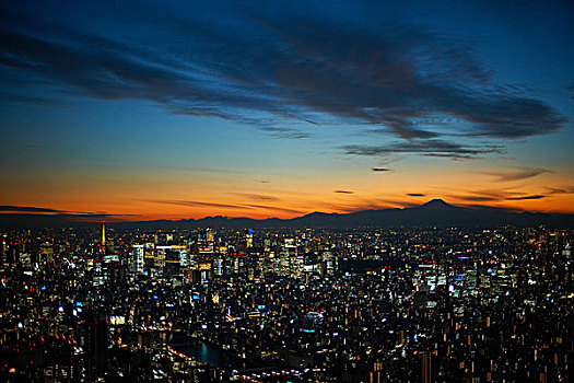 城市,风景,日落,俯视,剪影,富士山,东京,日本