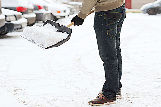 冬天,清洁,概念,特写,男人,铲,雪,私家车道