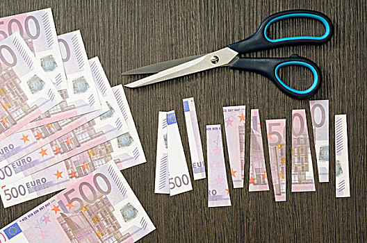欧元钞票,剪刀,一个,切开,棚拍