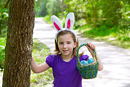 复活节,女孩,篮子,有趣,兔子,耳,树林