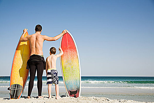 父子,冲浪板,注视,出海