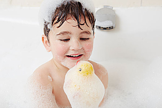 男孩,沐浴,泡泡,头部,拿着,橡皮鸭