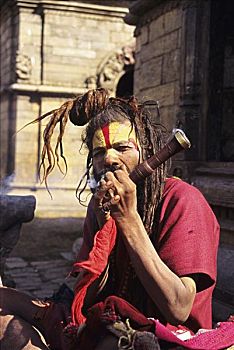 尼泊尔,加德满都,印度教,圣人,烟袋,路边,长发绺,打结,头部