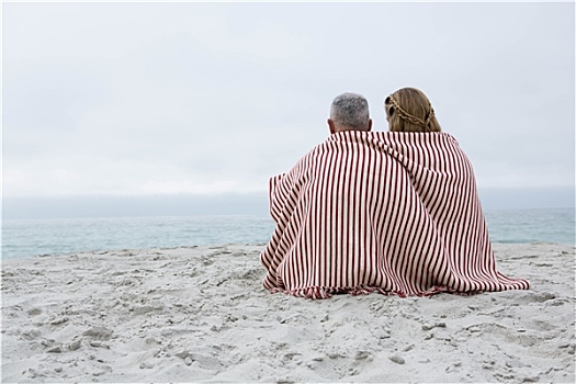 幸福伴侣,坐,沙子,毯子