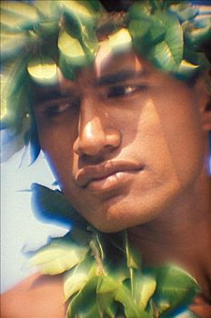夏威夷,头像,玻利尼西亚人,男性,柔光,特写,穿,齐墩果状念珠藤