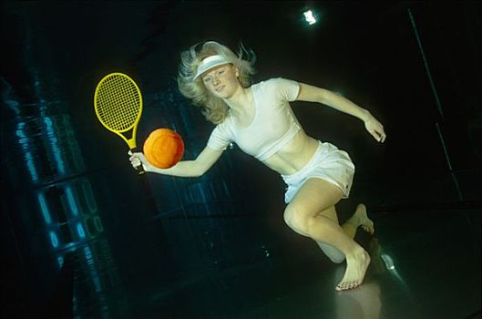 女人,玩,网球,水下