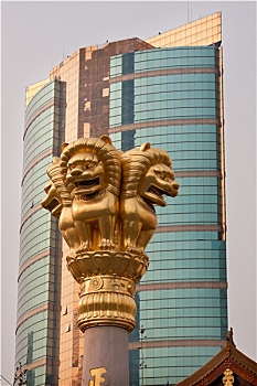 金色,狮子,屋顶,庙宇,上海,中国
