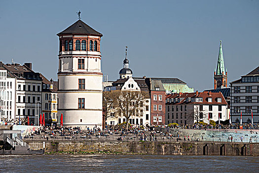 海事博物馆,城堡,塔,莱茵河,楼梯,散步场所,杜塞尔多夫,北莱茵威斯特伐利亚,德国,欧洲