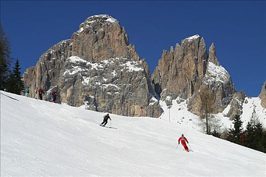 背影,滑雪者,斜坡,滑雪胜地,山谷,特兰迪诺,意大利