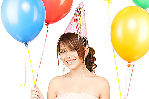 高兴,女孩,彩色,气球,聚会,帽