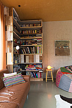皮沙发,正面,书架,屋角,拼合,豆袋椅