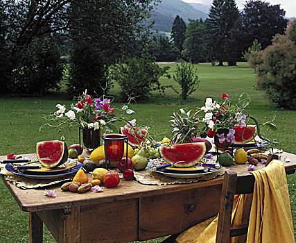 夏天,桌子,甜瓜,水果,花