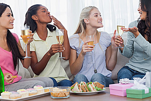 朋友,喝,白葡萄酒,交谈,聚会,在家,沙发