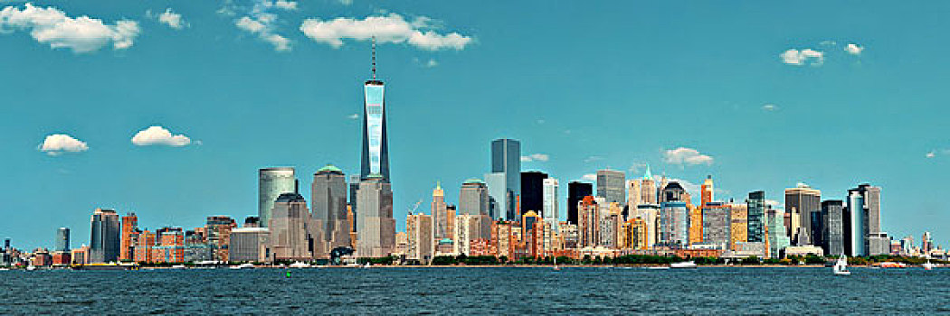 曼哈顿,市区,天际线,城市,摩天大楼,上方,河