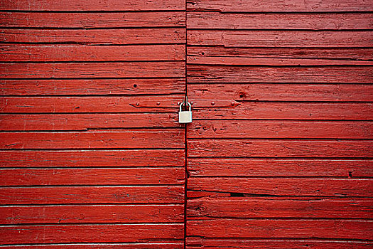老,红色,木门,闭合,挂锁