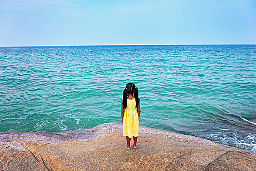 泰国,苏梅岛,海滩,女孩,站立,石头