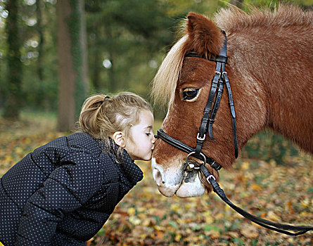 小女孩,吻,小马