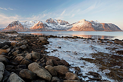 冰,山峦,罗浮敦群岛,亮光,挪威,欧洲