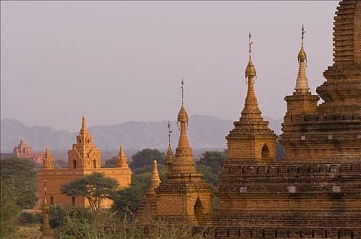 庙宇,塔,日落,蒲甘,缅甸