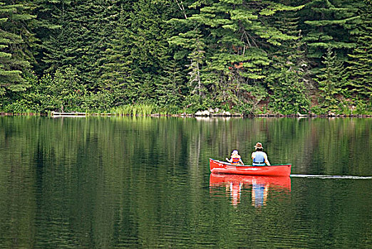 女人,孩子,独木舟,阿尔冈金公园,安大略省,加拿大
