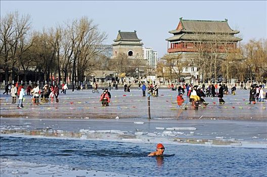 中国,北京,后海,区域,冬天,游泳,正面,鼓,钟楼