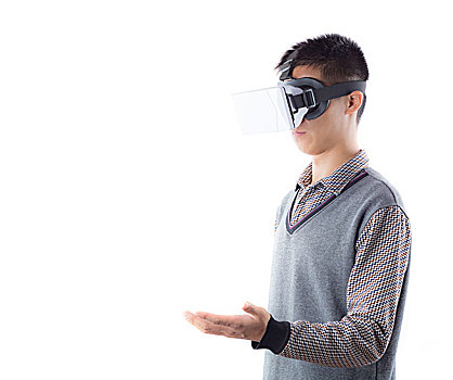 虛擬現(xiàn)實頭盔男子的行動,VR眼鏡,隔絕在白色背景