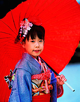 日本,女孩,穿,和服,拿着,伞