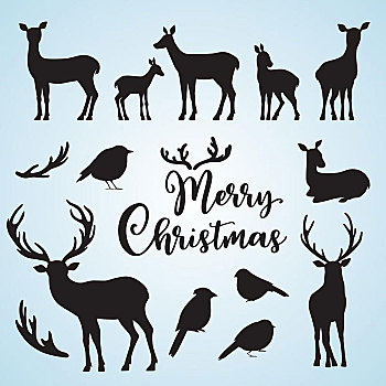 矢量,鹿,鸟,剪影,冬天,圣诞节,设计,小动物