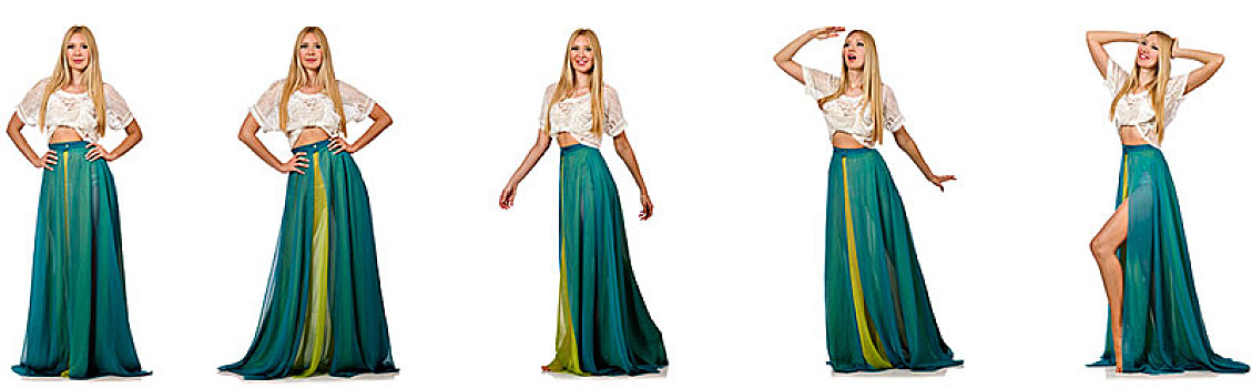 女人,时尚,概念,绿色,连衣裙,白色背景
