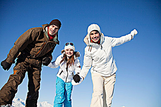 伴侣,女儿,滑雪,穿戴,看镜头,微笑