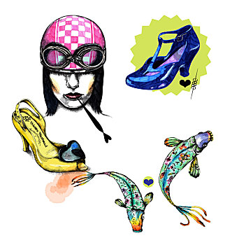 插画,图像,女人,鞋,鱼,双鱼座,黄道宫形
