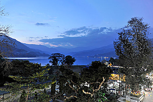 傍晚,远眺,湖,波卡拉,尼泊尔,亚洲