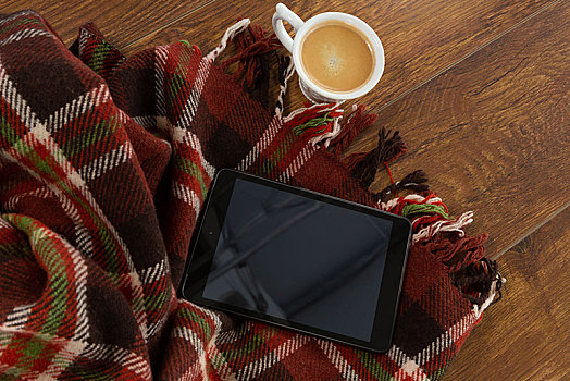 数码,毯子,咖啡,木质背景